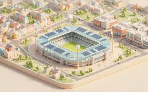 Isometrisches Diorama von Old Trafford Manchester und Umgebung in Manchester Vereinigtes Königreich, verspielte Low-Poly-Kulisse in - Foto: THN