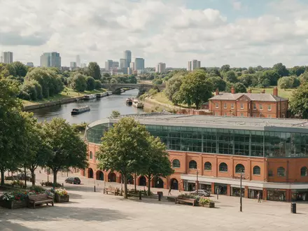 Editorialbild im Reisemagazin-Stil vom Wahrzeichen Old Trafford Manchester in Manchester Vereinigtes Königreich, ausgewogene Bildgestaltung und - Foto: THN