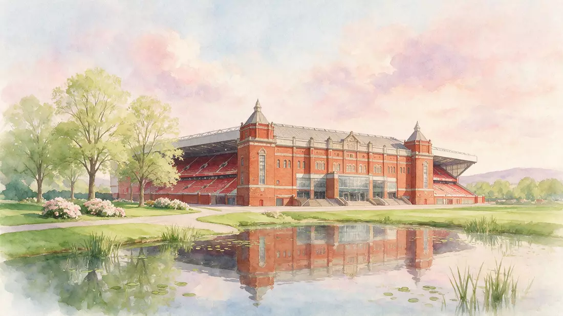 Aquarell-Illustration von Old Trafford Manchester in Manchester, Vereinigtes Königreich als…