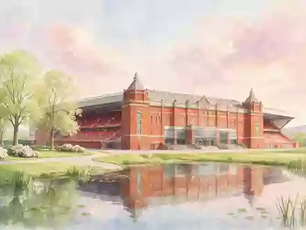 Aquarellillustration des Wahrzeichens Old Trafford Manchester in Manchester Vereinigtes Königreich, weiche Farbverläufe und pastelliges Reiseposter-Feeling - Foto: THN