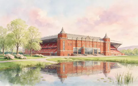 Aquarellillustration des Wahrzeichens Old Trafford Manchester in Manchester Vereinigtes Königreich, weiche Farbverläufe und pastelliges Reiseposter-Feeling - Foto: THN