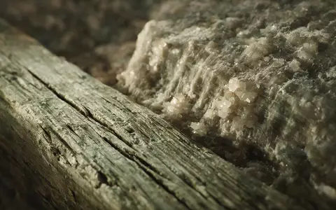 Extreme Makroaufnahme eines Materialdetails am Wahrzeichen Salzbergwerk Wieliczka in Wieliczka Polen, taktile Struktur und weiches - Foto: THN