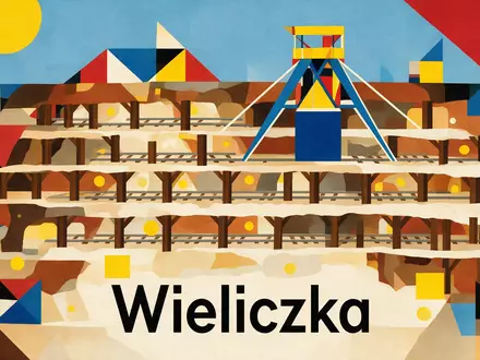 Bauhaus-Poster als geometrische Abstraktion von Salzbergwerk Wieliczka in Wieliczka Polen, kraeftige Grundfarben und harte Formkanten - Foto: THN