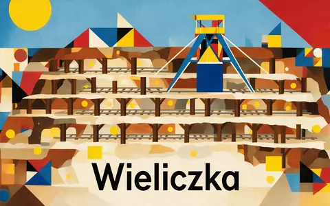Bauhaus-Poster als geometrische Abstraktion von Salzbergwerk Wieliczka in Wieliczka Polen, kraeftige Grundfarben und harte Formkanten - Foto: THN