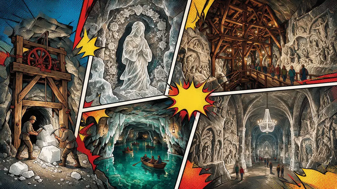 Pop-Art-Comic von Salzbergwerk Wieliczka in Wieliczka, Polen mit Rasterpunkten