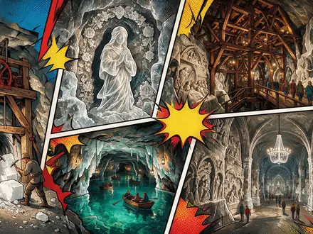 Pop-Art-Comicillustration des Wahrzeichens Salzbergwerk Wieliczka in Wieliczka Polen, kraeftige Konturen Rasterpunkte und satte Farben - Foto: THN