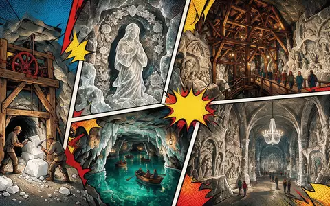 Pop-Art-Comicillustration des Wahrzeichens Salzbergwerk Wieliczka in Wieliczka Polen, kraeftige Konturen Rasterpunkte und satte Farben - Foto: THN