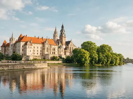 Editorialbild im Reisemagazin-Stil vom Wahrzeichen Wawel-Schloss Krakau in Krakau Polen, ausgewogene Bildgestaltung und natuerliches Umgebungslicht - Foto: THN