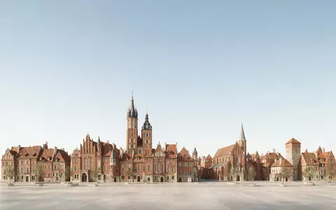 Moderner Architektur-Render zeigt Silhouette von Altstadt Krakau in Krakau Polen, klare Linien und neutrales Tageslicht - Foto: THN