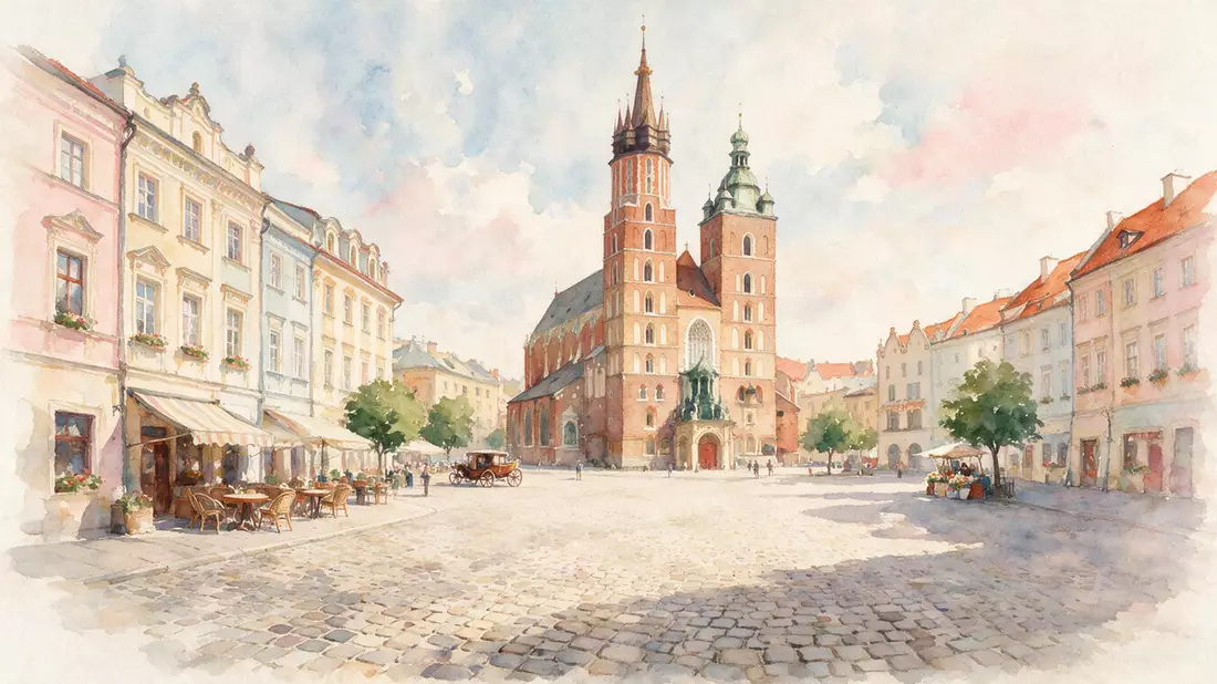 Aquarell-Illustration von Altstadt Krakau in Krakau, Polen als Reiseposter