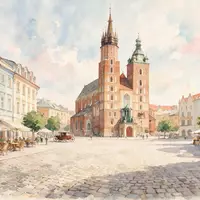 Aquarellillustration des Wahrzeichens Altstadt Krakau in Krakau Polen, weiche Farbverläufe und pastelliges Reiseposter-Feeling - Foto: THN
