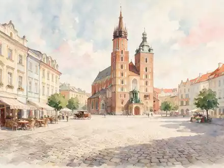 Aquarellillustration des Wahrzeichens Altstadt Krakau in Krakau Polen, weiche Farbverläufe und pastelliges Reiseposter-Feeling - Foto: THN