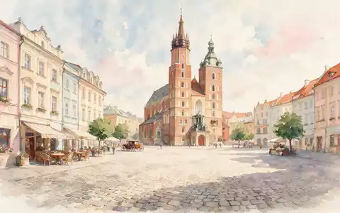 Aquarellillustration des Wahrzeichens Altstadt Krakau in Krakau Polen, weiche Farbverläufe und pastelliges Reiseposter-Feeling - Foto: THN