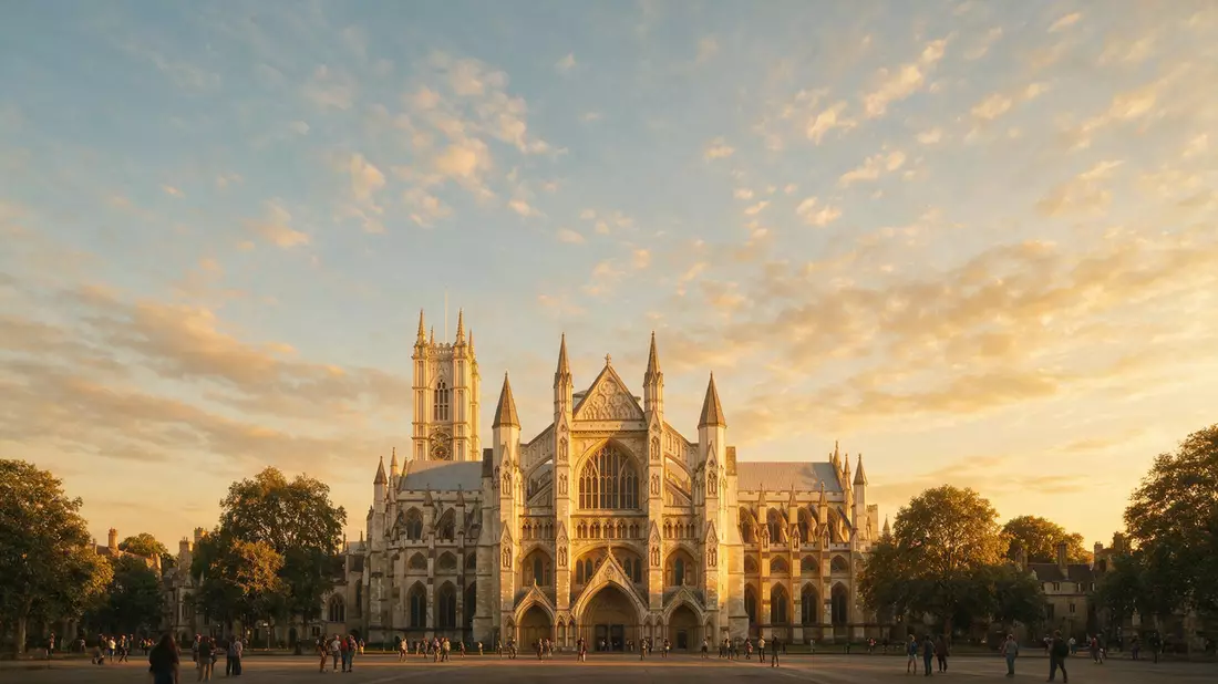 Fotorealistische Ansicht von Westminster Abbey in London, Vereinigtes Königreich im Abendlicht