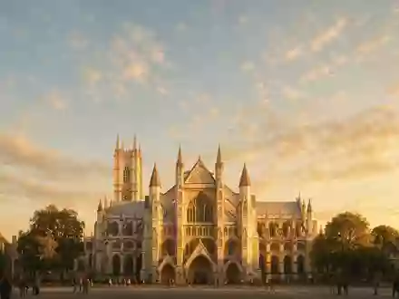 Fotorealistische Panoramaaufnahme von Westminster Abbey in London Vereinigtes Königreich, warmes Abendlicht auf Wahrzeichen - Foto: THN