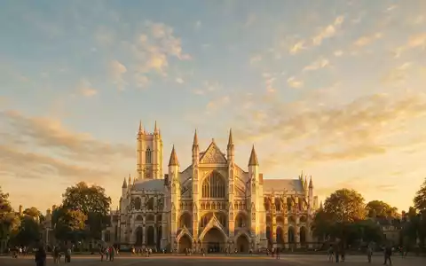 Fotorealistische Panoramaaufnahme von Westminster Abbey in London Vereinigtes Königreich, warmes Abendlicht auf Wahrzeichen - Foto: THN