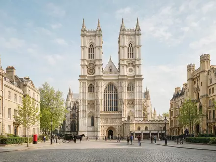 Editorialbild im Reisemagazin-Stil vom Wahrzeichen Westminster Abbey in London Vereinigtes Königreich, ausgewogene Bildgestaltung und natuerliches - Foto: THN
