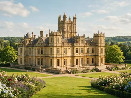 Editorialbild im Reisemagazin-Stil vom Wahrzeichen Highclere Castle in Newbury Vereinigtes Königreich, ausgewogene Bildgestaltung und natuerliches - Foto: THN