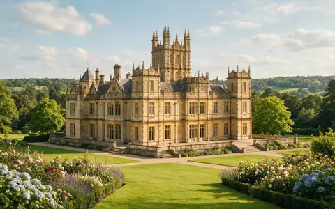 Editorialbild im Reisemagazin-Stil vom Wahrzeichen Highclere Castle in Newbury Vereinigtes Königreich, ausgewogene Bildgestaltung und natuerliches - Foto: THN