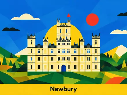 Bauhaus-Poster als geometrische Abstraktion von Highclere Castle in Newbury Vereinigtes Königreich, kraeftige Grundfarben und harte - Foto: THN