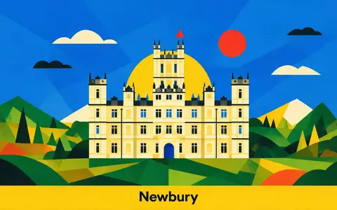 Bauhaus-Poster als geometrische Abstraktion von Highclere Castle in Newbury Vereinigtes Königreich, kraeftige Grundfarben und harte - Foto: THN