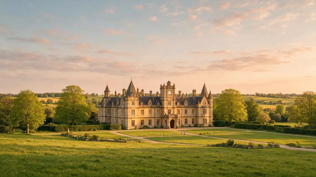 Fotorealistische Ansicht von Highclere Castle in Newbury, Vereinigtes Königreich im Abendlicht