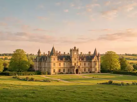 Fotorealistische Panoramaaufnahme von Highclere Castle in Newbury Vereinigtes Königreich, warmes Abendlicht auf Wahrzeichen - Foto: THN