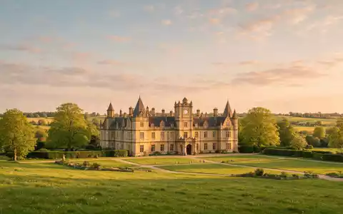 Fotorealistische Panoramaaufnahme von Highclere Castle in Newbury Vereinigtes Königreich, warmes Abendlicht auf Wahrzeichen - Foto: THN