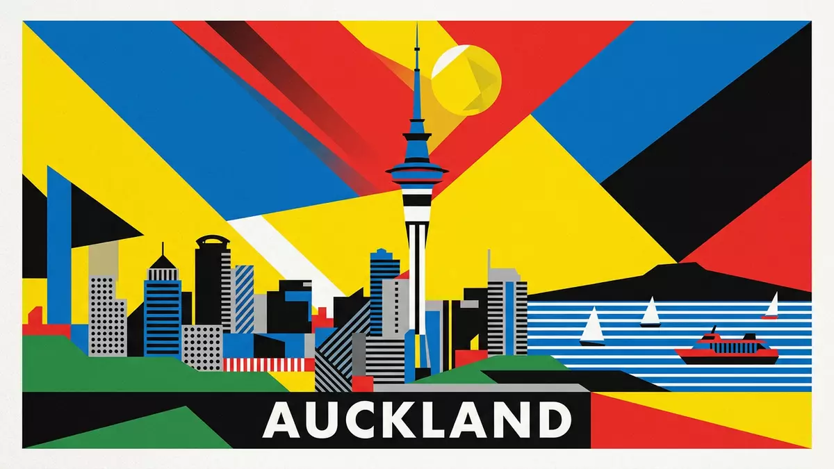 Bauhaus-Poster als Abstraktion von Sky Tower Auckland in Auckland, Neuseeland