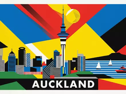Bauhaus-Poster als geometrische Abstraktion von Sky Tower Auckland in Auckland Neuseeland, kraeftige Grundfarben und harte - Foto: THN