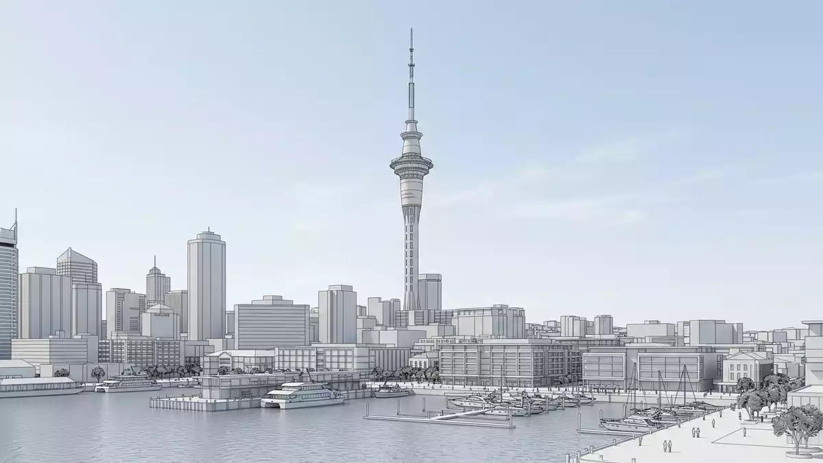 Architektur-Render von Sky Tower Auckland in Auckland, Neuseeland bei Tageslicht