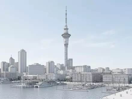 Moderner Architektur-Render zeigt Silhouette von Sky Tower Auckland in Auckland Neuseeland, klare Linien und neutrales - Foto: THN