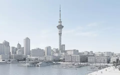 Moderner Architektur-Render zeigt Silhouette von Sky Tower Auckland in Auckland Neuseeland, klare Linien und neutrales - Foto: THN