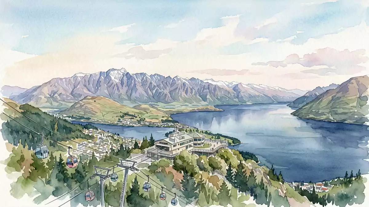 Aquarell-Illustration von Queenstown Skyline in Queenstown, Neuseeland als Reiseposter
