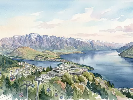 Aquarellillustration des Wahrzeichens Queenstown Skyline in Queenstown Neuseeland, weiche Farbverläufe und pastelliges Reiseposter-Feeling - Foto: THN