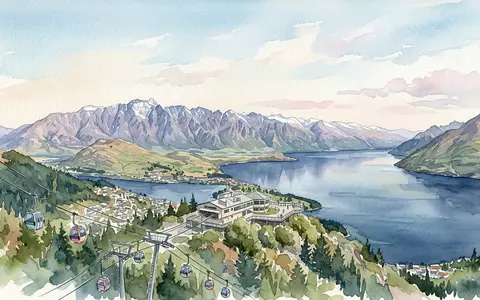 Aquarellillustration des Wahrzeichens Queenstown Skyline in Queenstown Neuseeland, weiche Farbverläufe und pastelliges Reiseposter-Feeling - Foto: THN