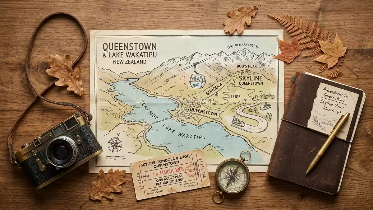 Flatlay-Reise-Arrangement rund um Queenstown Skyline in Queenstown, Neuseeland