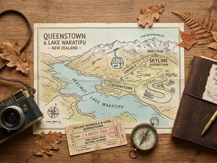 Flatlay-Reise-Arrangement rund um Queenstown Skyline in Queenstown Neuseeland, Karte Kompass Kamera und generische Reiserequisiten - Foto: THN