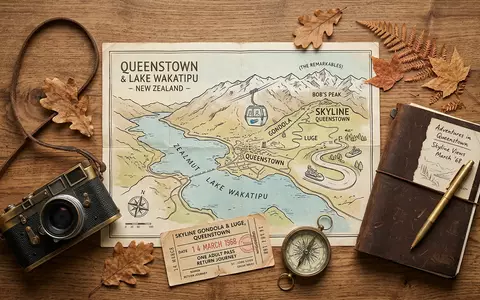 Flatlay-Reise-Arrangement rund um Queenstown Skyline in Queenstown Neuseeland, Karte Kompass Kamera und generische Reiserequisiten - Foto: THN