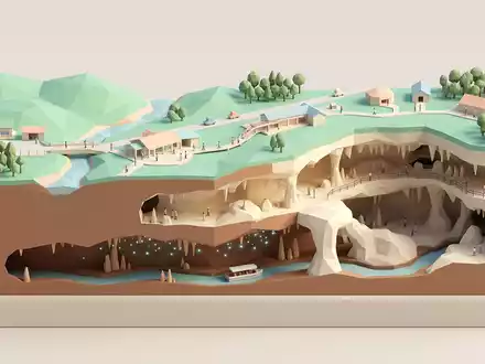 Isometrisches Diorama von Waitomo Glowworm Caves und Umgebung in Waitomo Neuseeland, verspielte Low-Poly-Kulisse in Pastellfarben - Foto: THN