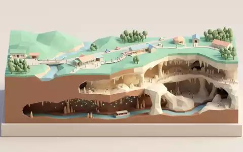Isometrisches Diorama von Waitomo Glowworm Caves und Umgebung in Waitomo Neuseeland, verspielte Low-Poly-Kulisse in Pastellfarben - Foto: THN