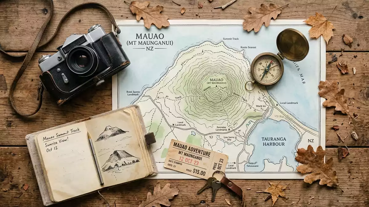Flatlay-Reise-Arrangement rund um Mount Maunganui in Tauranga, Neuseeland
