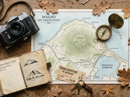Flatlay-Reise-Arrangement rund um Mount Maunganui in Tauranga Neuseeland, Karte Kompass Kamera und generische Reiserequisiten - Foto: THN