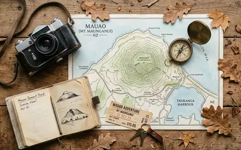 Flatlay-Reise-Arrangement rund um Mount Maunganui in Tauranga Neuseeland, Karte Kompass Kamera und generische Reiserequisiten - Foto: THN