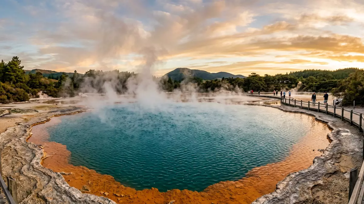 Fotorealistische Ansicht von Champagner Pool Waiotapu in Rotorua, Neuseeland im Abendlicht