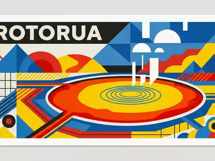 Bauhaus-Poster als geometrische Abstraktion von Champagner Pool Waiotapu in Rotorua Neuseeland, kraeftige Grundfarben und harte - Foto: THN