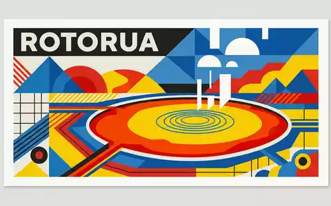 Bauhaus-Poster als geometrische Abstraktion von Champagner Pool Waiotapu in Rotorua Neuseeland, kraeftige Grundfarben und harte - Foto: THN