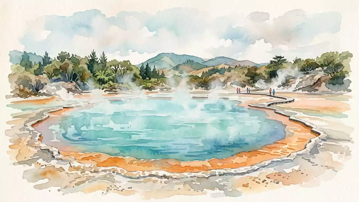 Aquarell-Illustration von Champagner Pool Waiotapu in Rotorua, Neuseeland als Reiseposter