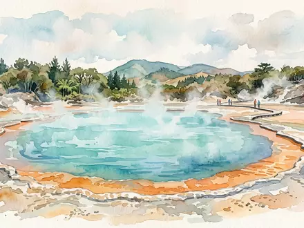 Aquarellillustration des Wahrzeichens Champagner Pool Waiotapu in Rotorua Neuseeland, weiche Farbverläufe und pastelliges Reiseposter-Feeling - Foto: THN