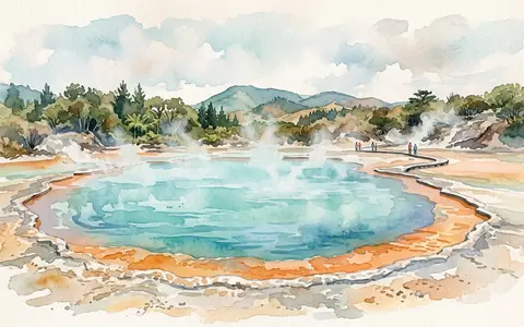 Aquarellillustration des Wahrzeichens Champagner Pool Waiotapu in Rotorua Neuseeland, weiche Farbverläufe und pastelliges Reiseposter-Feeling - Foto: THN